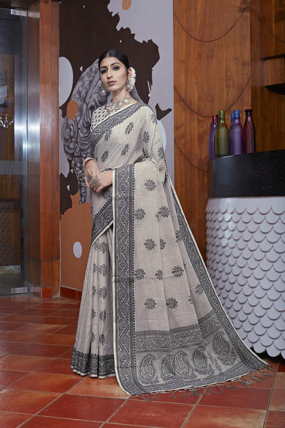 Dhiyona GR Women's Pihu Pele Grey Ethnic Motif Cotton Linen Saree