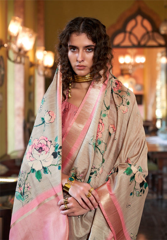 Dhiyona GR Women's Baby Pink & Grey Banarasi Digital Soft Silk Saree