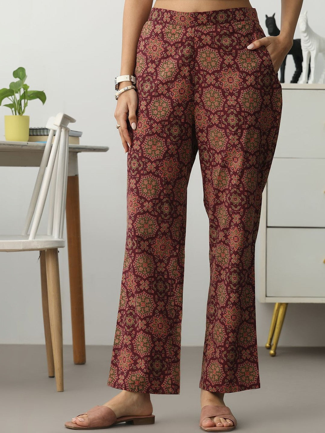 Women Ethnic Motifs Printed Empire Mirror Work Kurta with Trousers