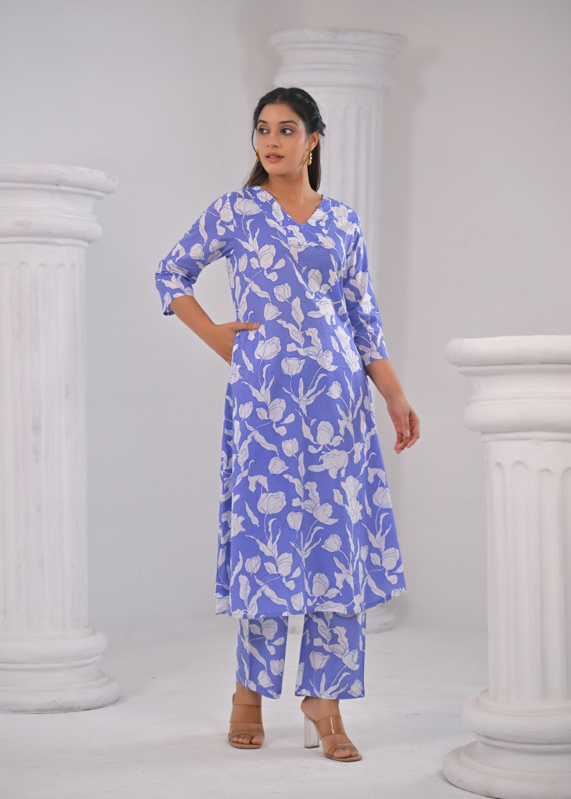 SASHA OCEAN PRINTED COTTON KURTA PANT SET