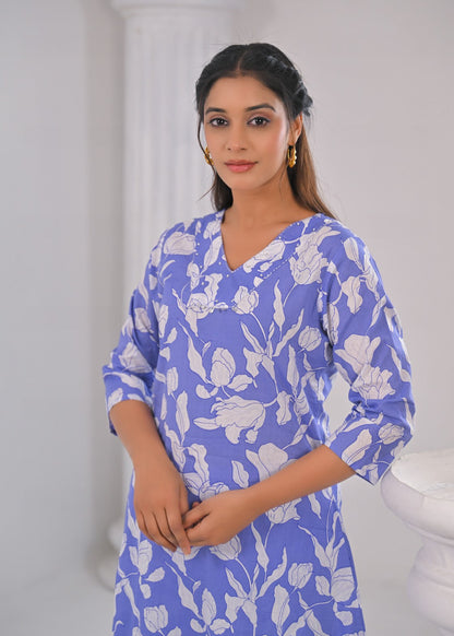 SASHA OCEAN PRINTED COTTON KURTA PANT SET