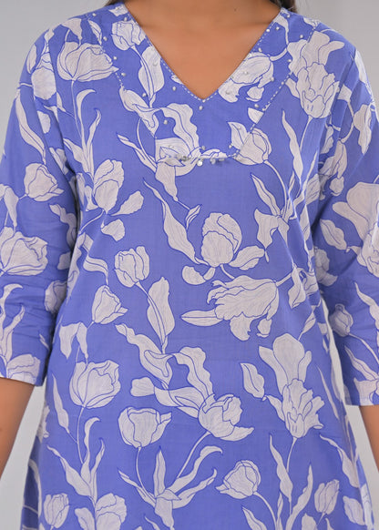 SASHA OCEAN PRINTED COTTON KURTA PANT SET