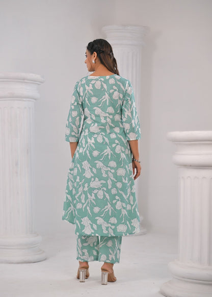 SASHA MINTY PRINTED COTTON KURTA PANT SET