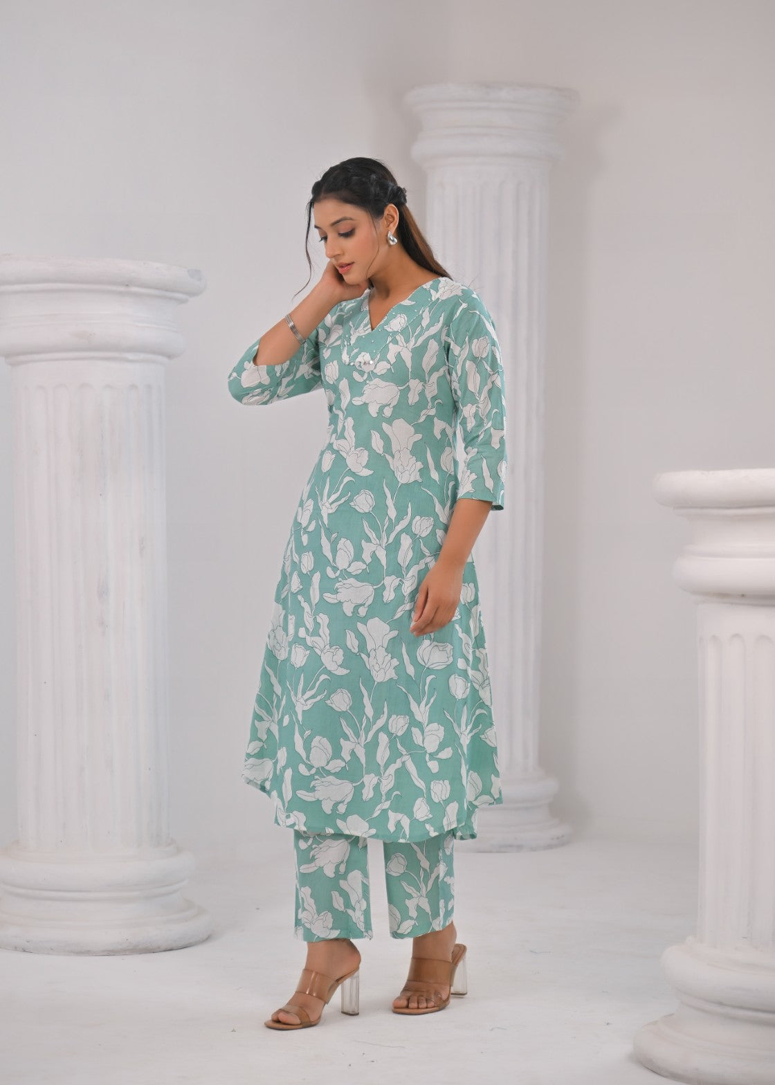 SASHA MINTY PRINTED COTTON KURTA PANT SET
