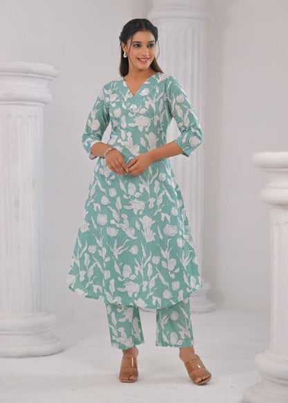 SASHA MINTY PRINTED COTTON KURTA PANT SET
