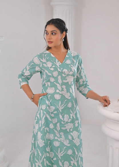 SASHA MINTY PRINTED COTTON KURTA PANT SET