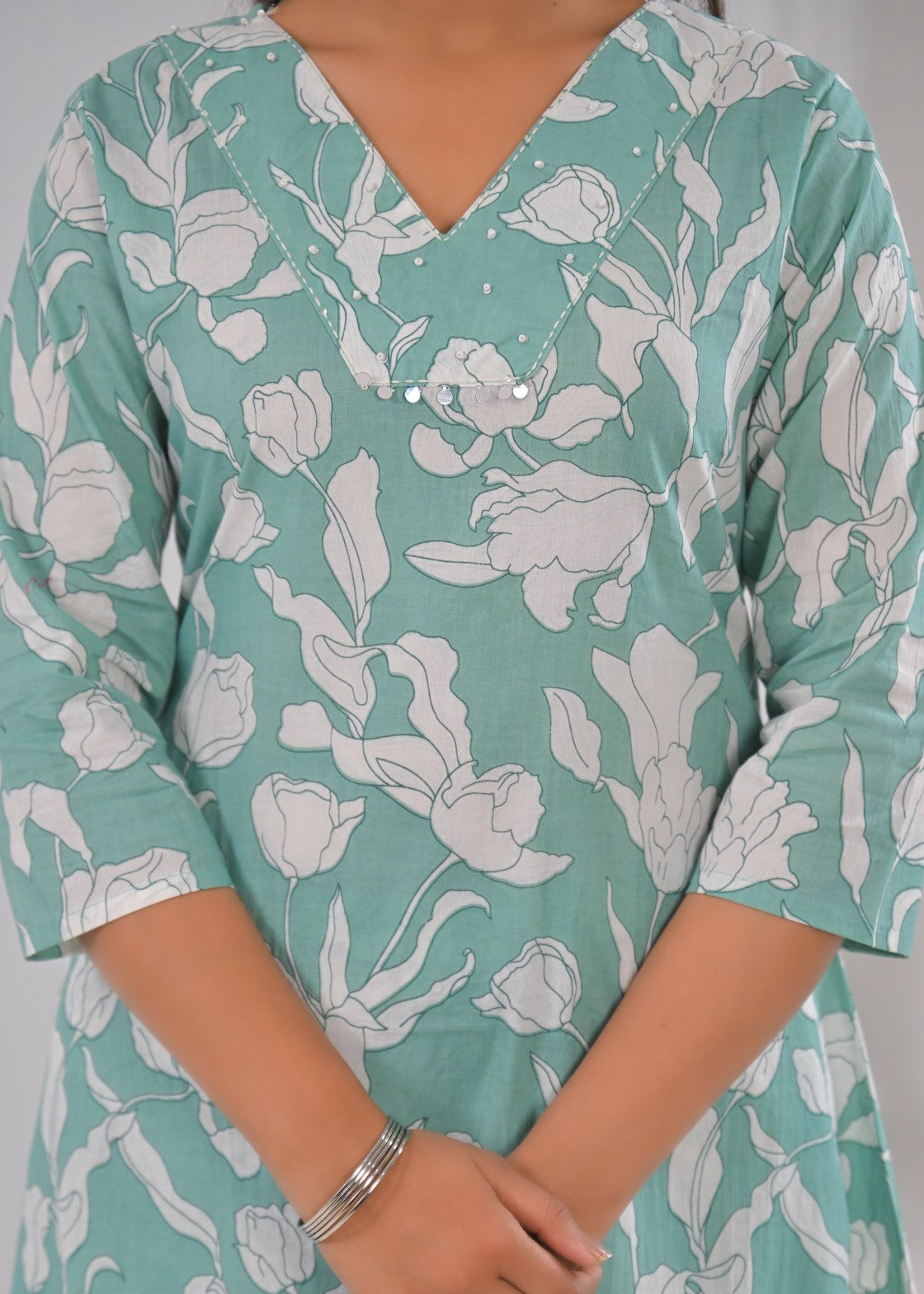 SASHA MINTY PRINTED COTTON KURTA PANT SET