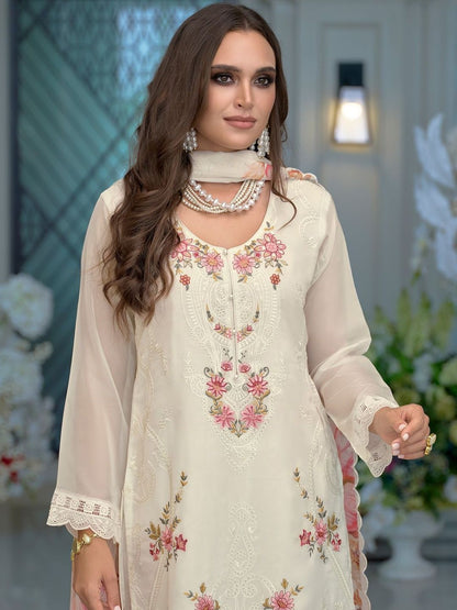 Floral Embroidered Thread Work Kurta With Trousers & Dupatta