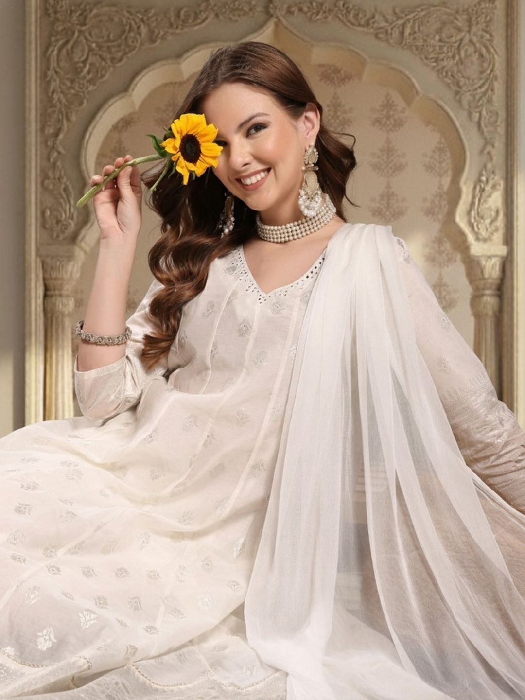 Dhiyona HOP Printed V-Neck Anarkali Kurta & Sharara With Dupatta
