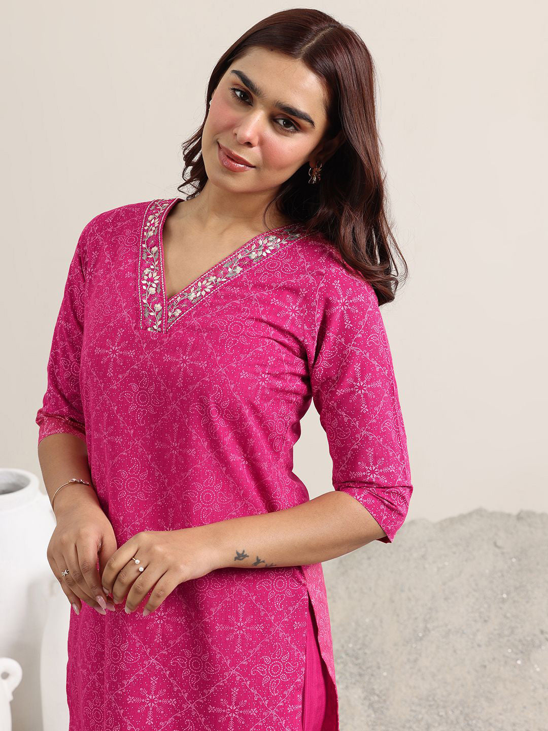 Ethnic Motifs Printed V-Neck Thread Work Straight Kurta With Trousers & Dupatta