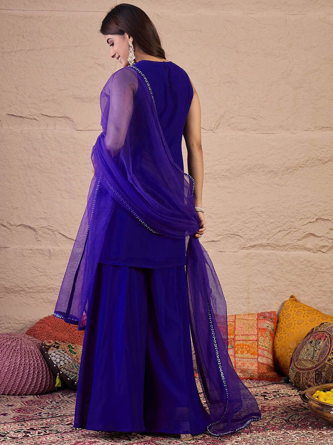 Dhiyona IN Embroidered Round Neck Sequinned Georgette Kurta With Palazzos & Dupatta