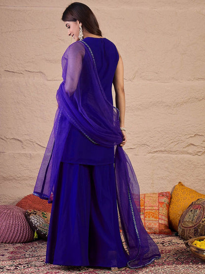 Dhiyona IN Embroidered Round Neck Sequinned Georgette Kurta With Palazzos & Dupatta