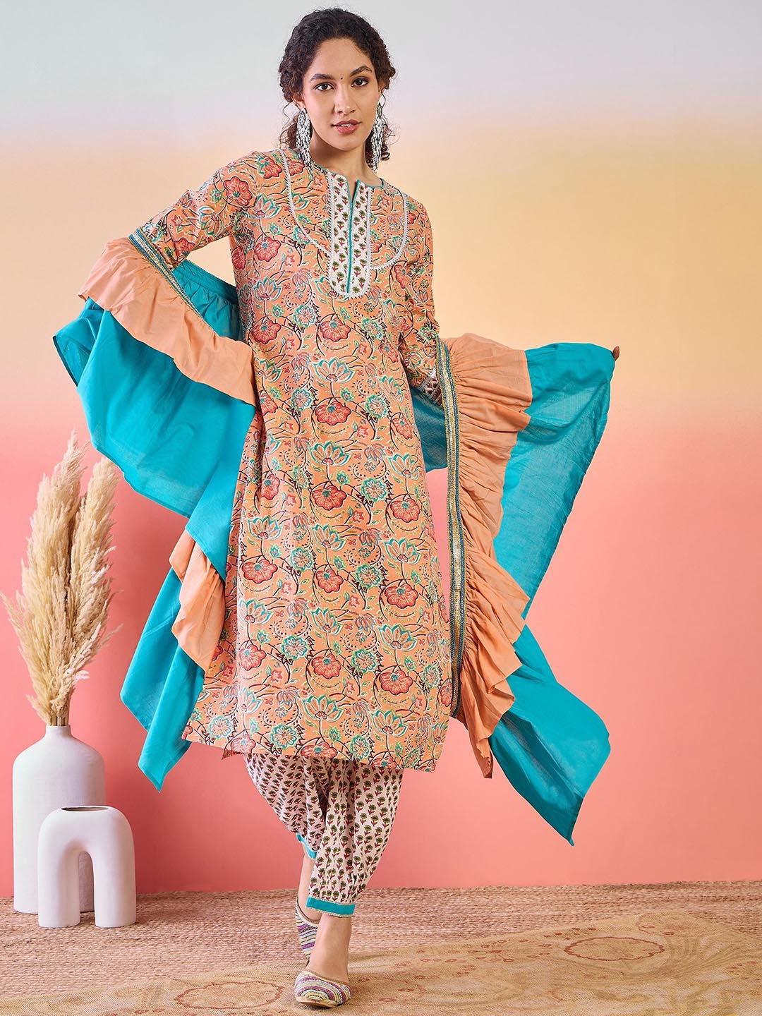 Floral Printed Gotta Patti Pure Cotton Kurta With Afgani Pant And Ruffled Dupatta