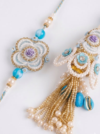 Dhiyona Set Of 2 Pearls & Artificial Stones Floral Bhaiya Bhabhi Rakhi With Roli Chawal