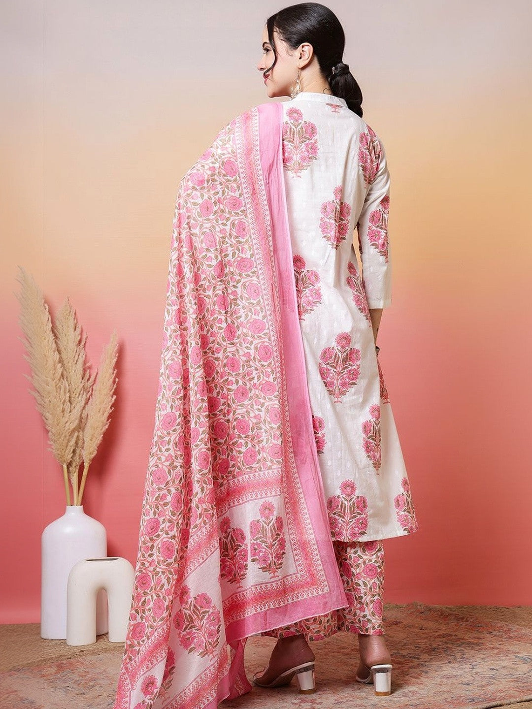 Embroidered Pure Cotton A-Line Kurta & Palazzos With Dupatta