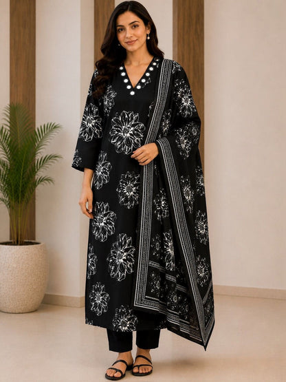 Women Floral Printed Regular Pure Cotton Kurta with Trousers & With Dupatta