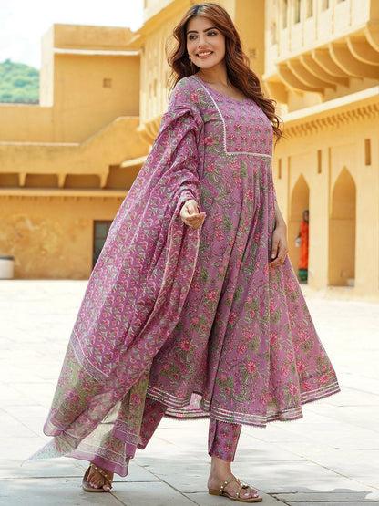Dhiyona KL Floral Printed Gotta Patti Pure Cotton Anarkali Kurta With Trousers & Dupatta
