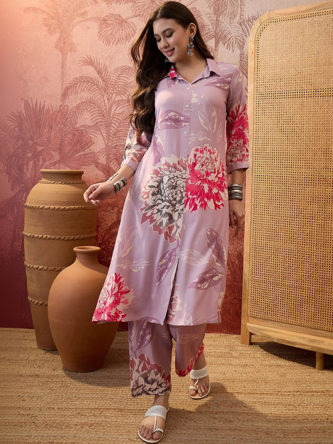 Printed Shirt Collar Kurta & Trousers