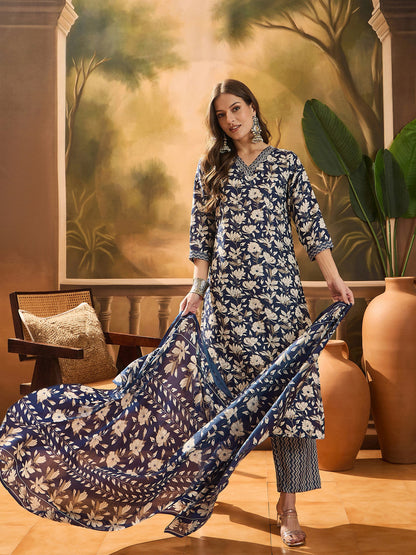 Women's Blue Ethnic Printed Cotton Blend Straight Kurta Pant Dupatta Set