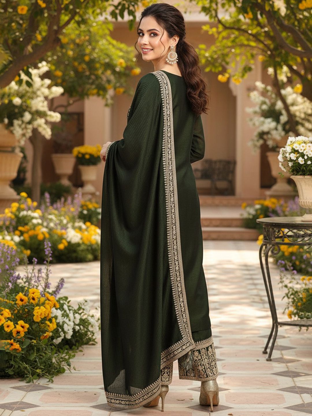 Dhiyona KL Floral Embroidered Thread Work Kurta with Palazzos & Dupatta