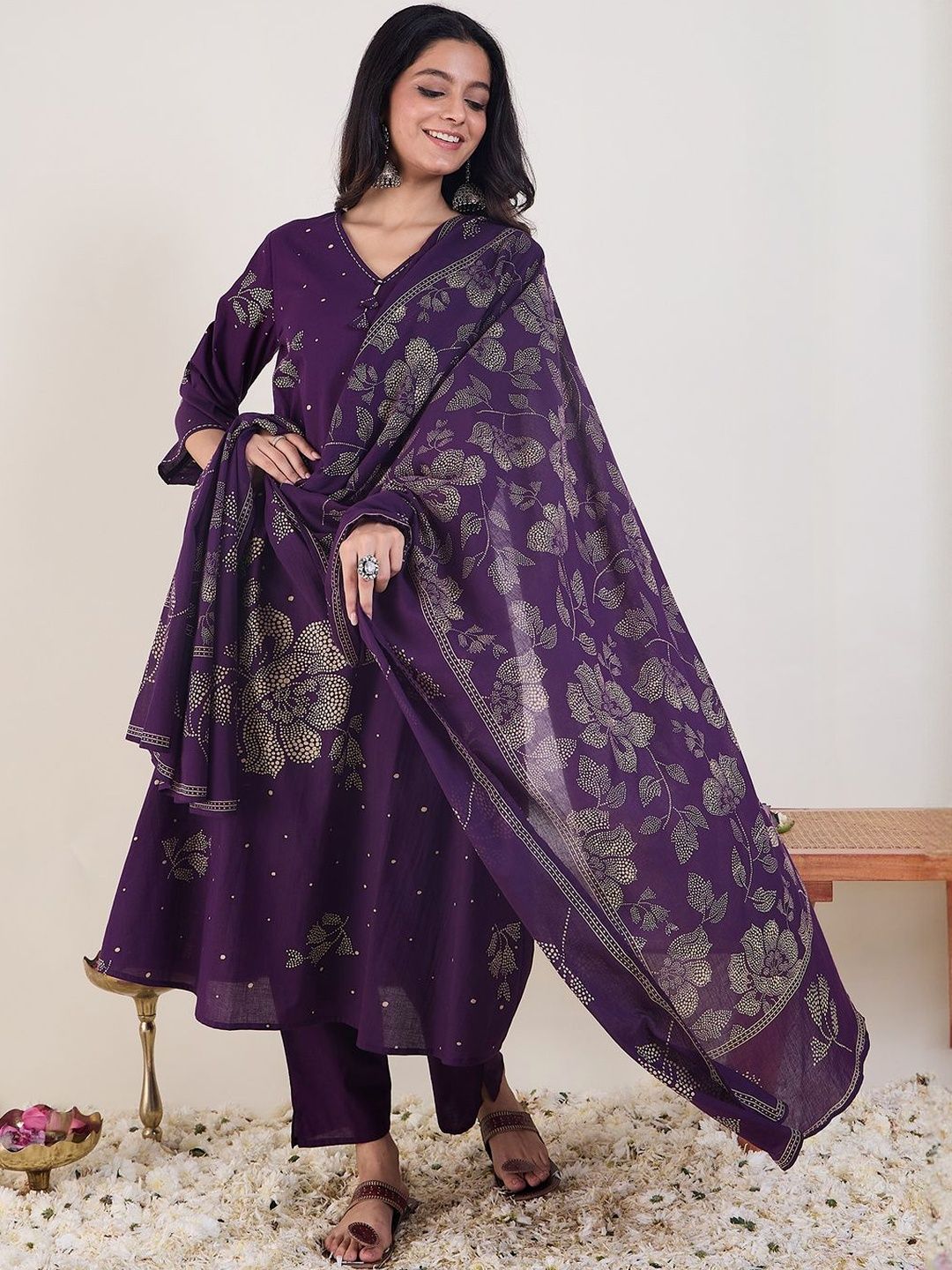 Dhiyona IE Floral Printed A-Line Pure Cotton Kurta With Trousers & Dupatta