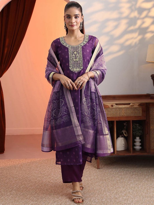 Women Woven Design Embroidered Kurta with Trousers & Dupatta
