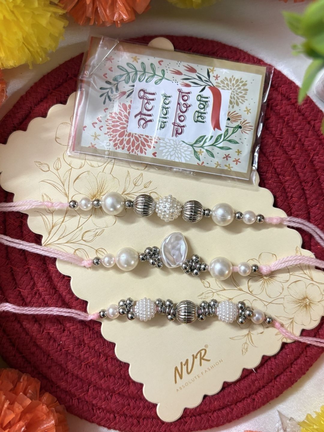 Dhiyona Set Of 3 White Pearls Thread Rakhi With Roli Chawal Chandan Mishri