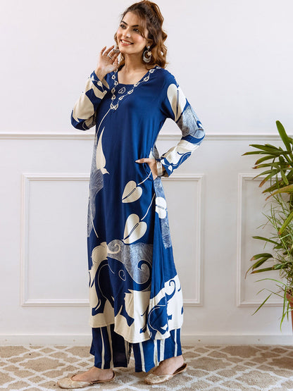 Floral Printed V-Neck Beads and Stones Straight Kurta With Palazzos