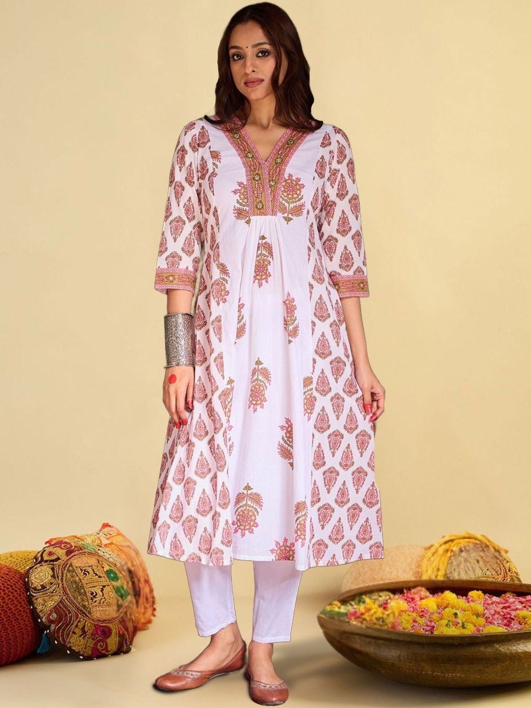 Dhiyona IE Women Ethnic Motifs Printed Tiered Pure Cotton Kurta with Trousers