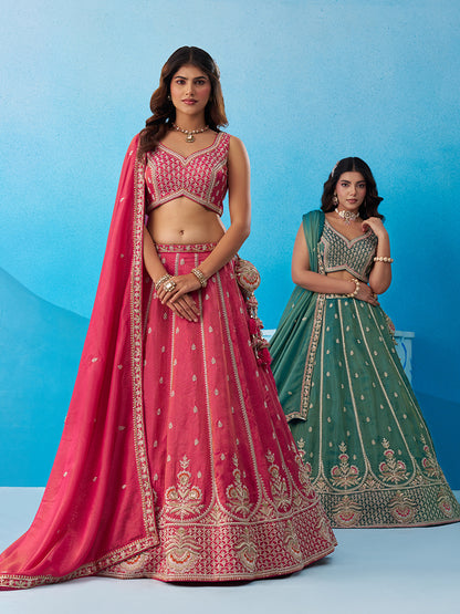 Pink- Tissue Beads & Sequins Embroidered Semi-Stitched Lehenga & Unstitched Blouse With Dupatta