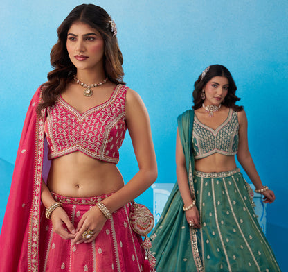 Pink- Tissue Beads & Sequins Embroidered Semi-Stitched Lehenga & Unstitched Blouse With Dupatta