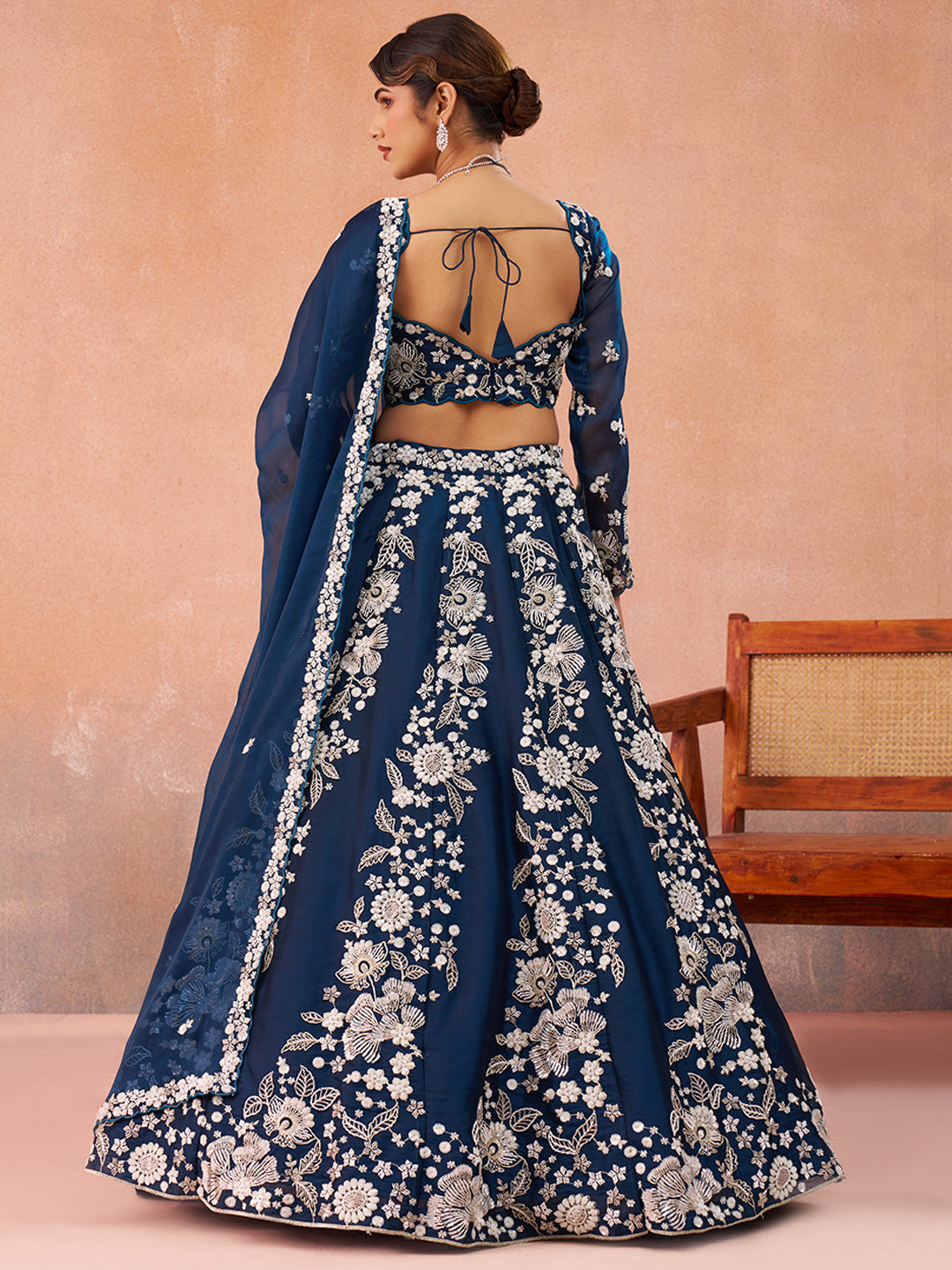 Blue- Organza Heavy Beads with Sequins Embroidered Semi-Stitched Lehenga & Unstitched Blouse With Dupatta