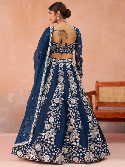 Blue- Organza Heavy Beads with Sequins Embroidered Semi-Stitched Lehenga & Unstitched Blouse With Dupatta
