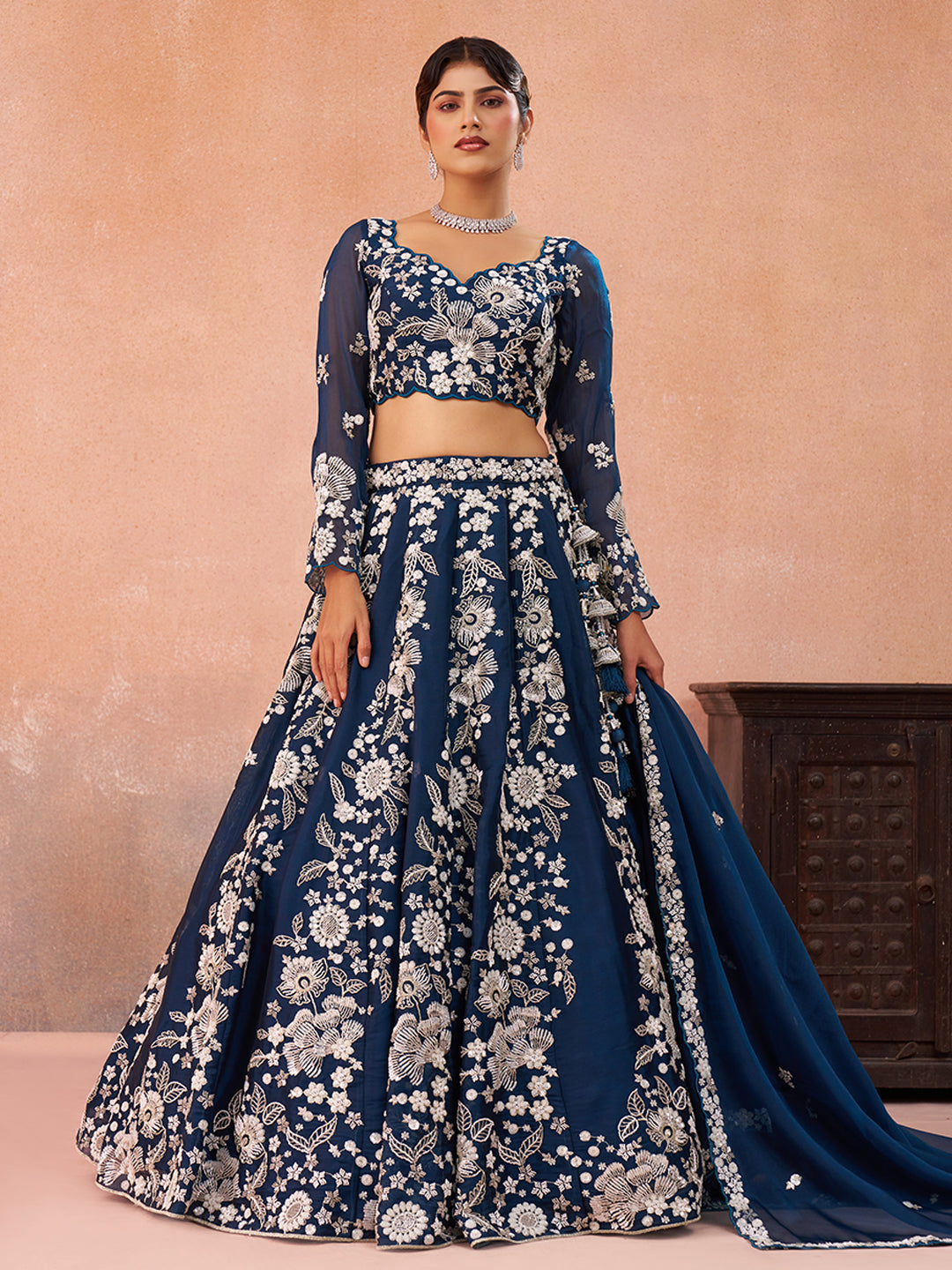 Blue- Organza Heavy Beads with Sequins Embroidered Semi-Stitched Lehenga & Unstitched Blouse With Dupatta