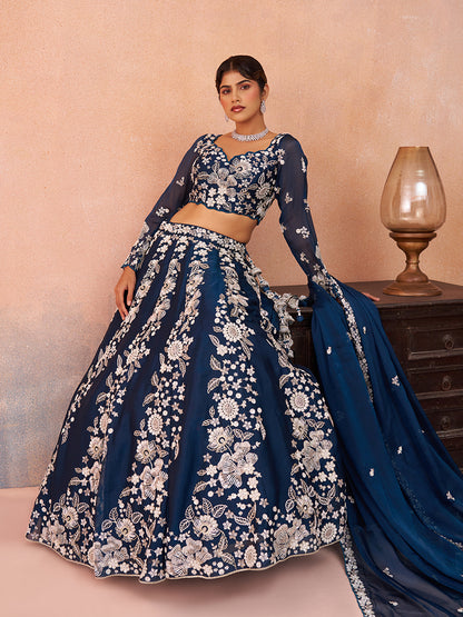 Blue- Organza Heavy Beads with Sequins Embroidered Semi-Stitched Lehenga & Unstitched Blouse With Dupatta