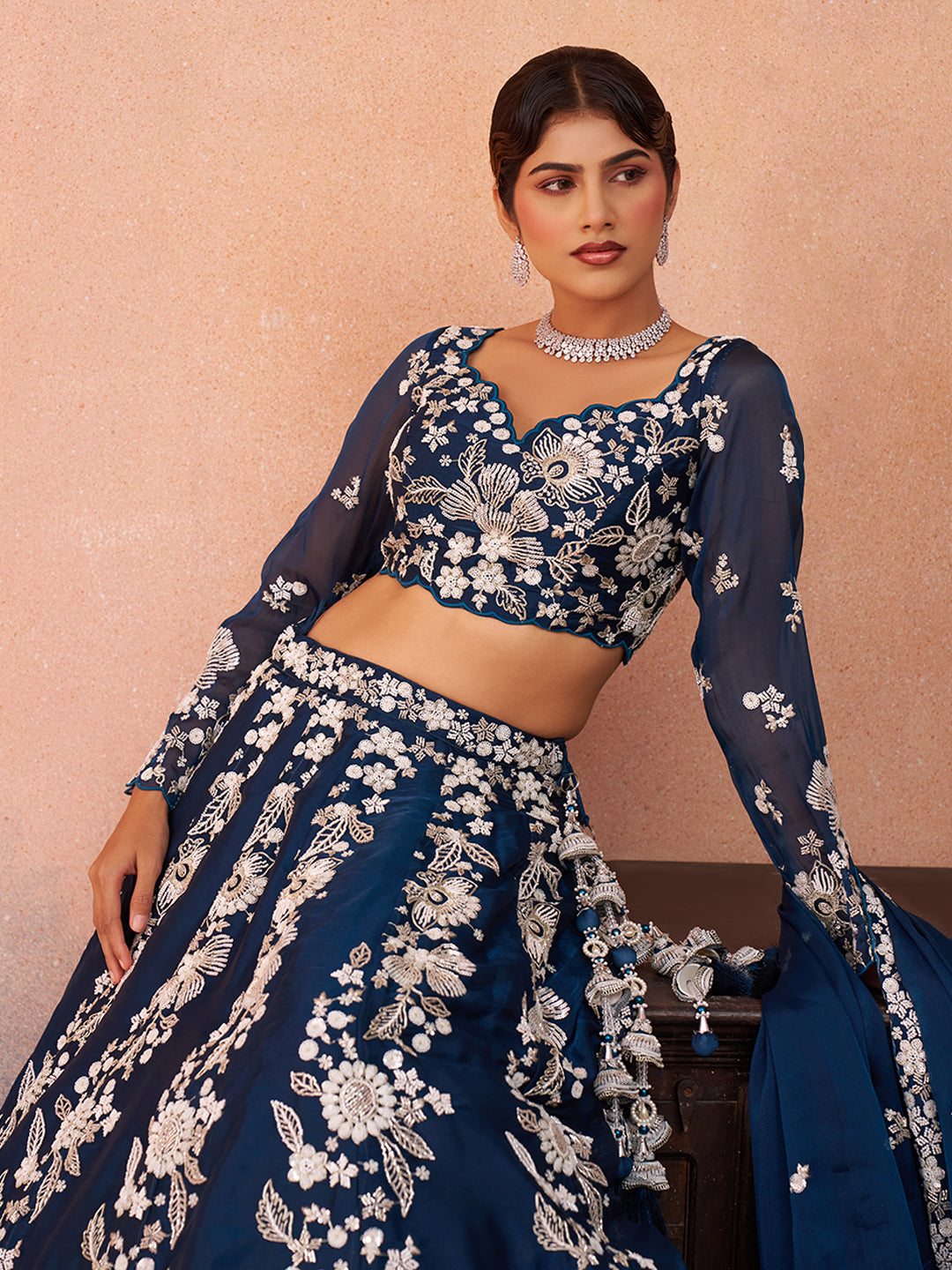 Blue- Organza Heavy Beads with Sequins Embroidered Semi-Stitched Lehenga & Unstitched Blouse With Dupatta