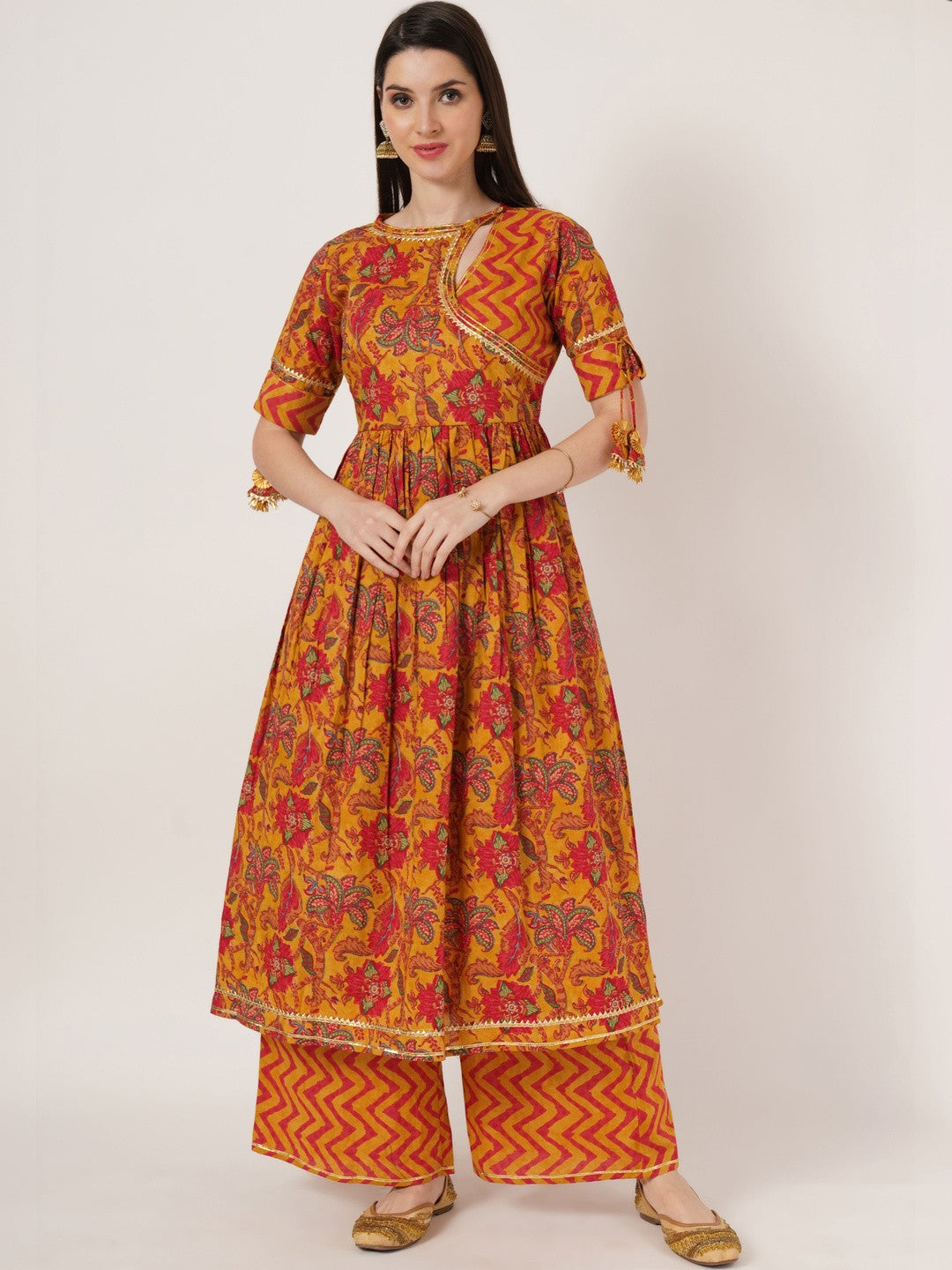 Women Floral Printed Angrakha Pure Cotton Kurta with Palazzos