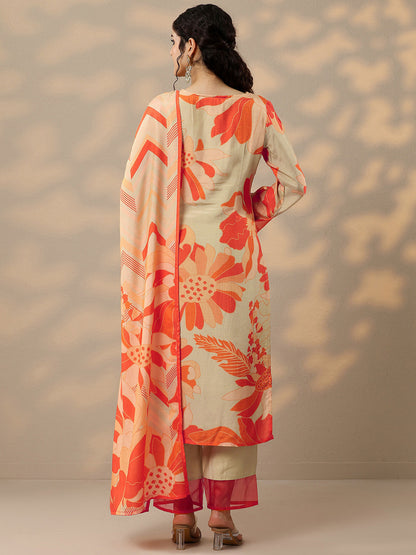 Floral Printed Beads and Stones Straight Kurta With Trousers & Dupatta