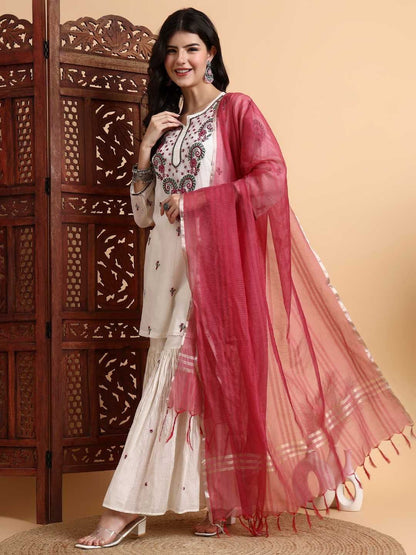 Dhiyona HOP Floral Embroidered Chikankari Chanderi Silk Kurta With Sharara & Dupatta