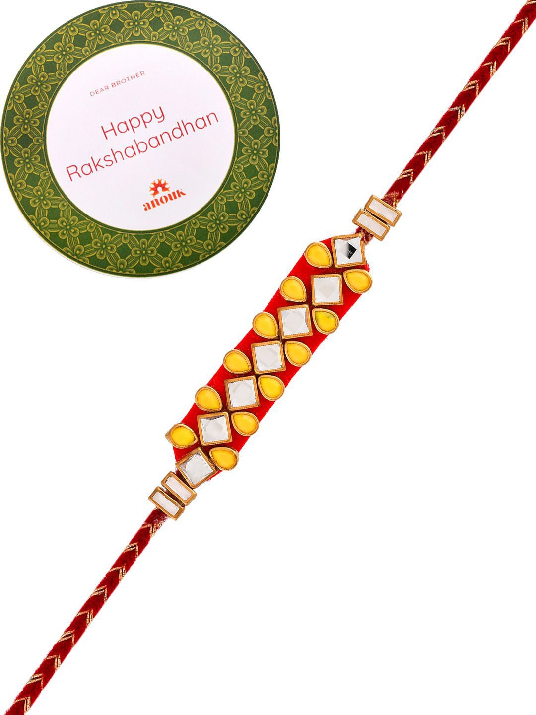 Dhiyona Set Of 4 Red Kundan-Studded & Beaded Rakhi With Roli Rice & Greeting Card