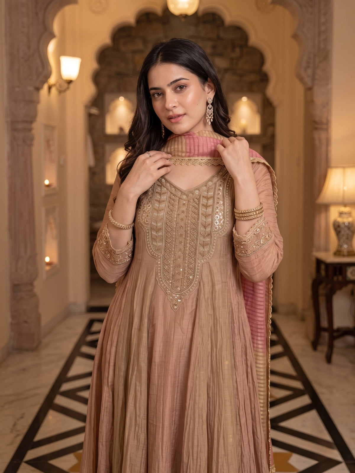Poppi Apricot Full Work Handwork Heavy Suit Set