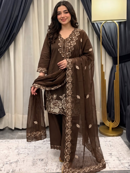Poppi Cocoa Applique Cotton Suit Set