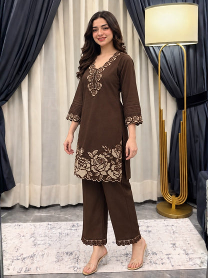 Poppi Cocoa Applique Cotton Suit Set