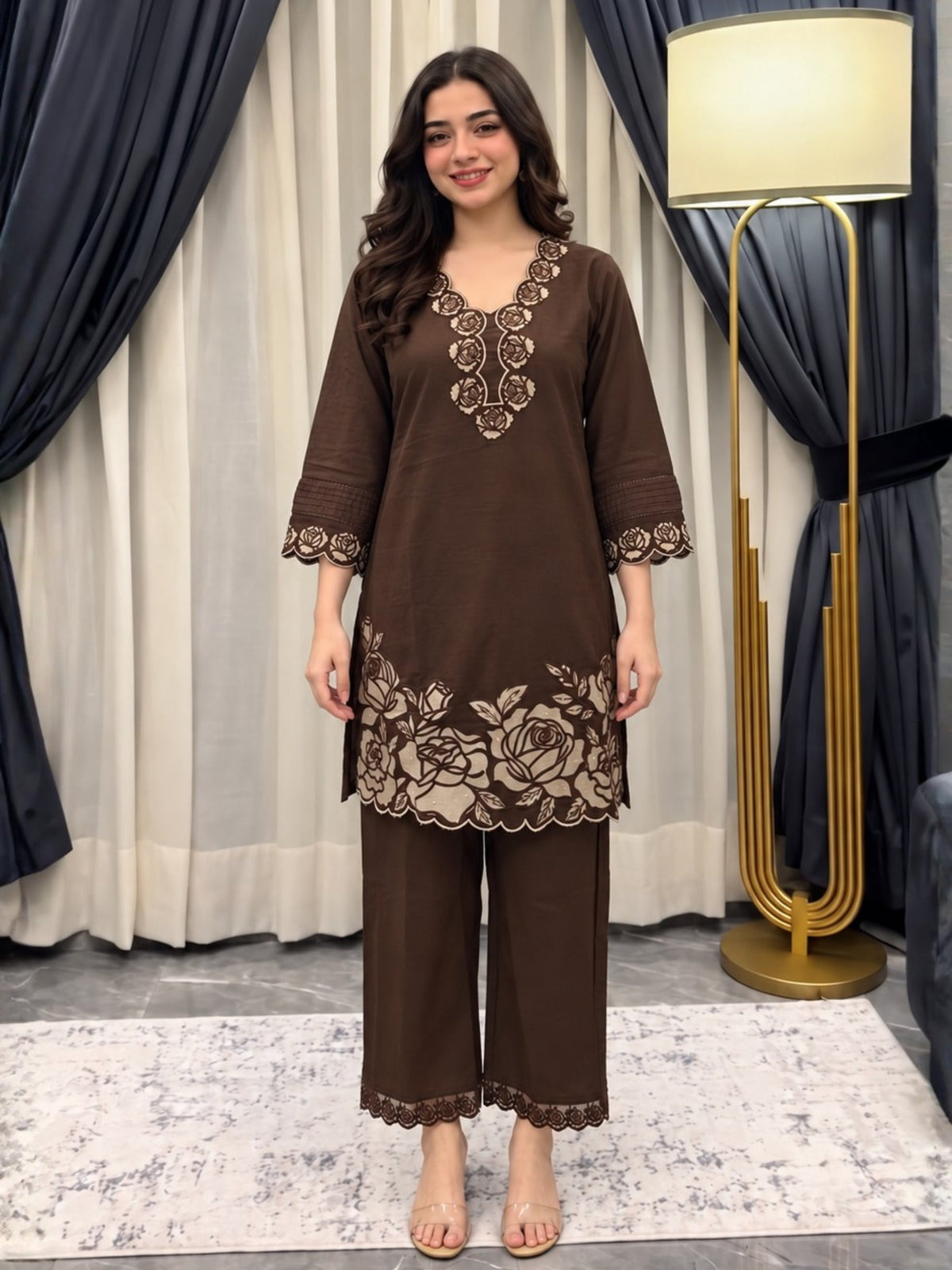 Poppi Cocoa Applique Cotton Suit Set