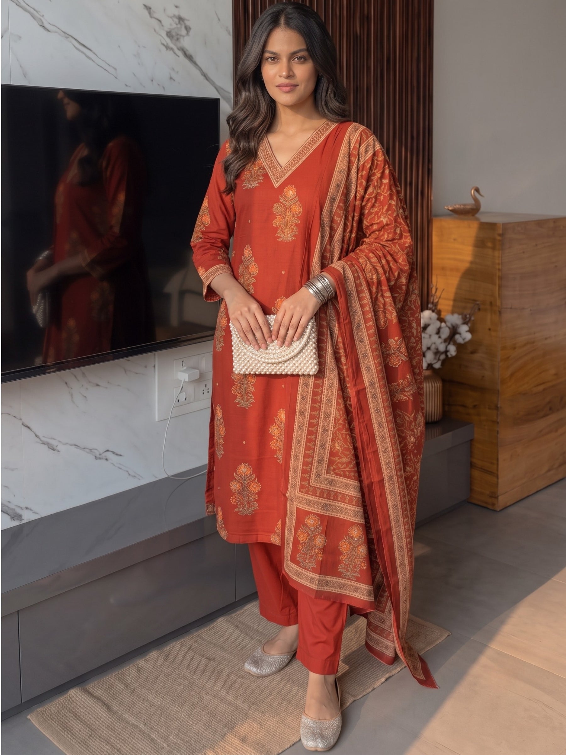 Poppi Russet Cotton Printed Suit Set