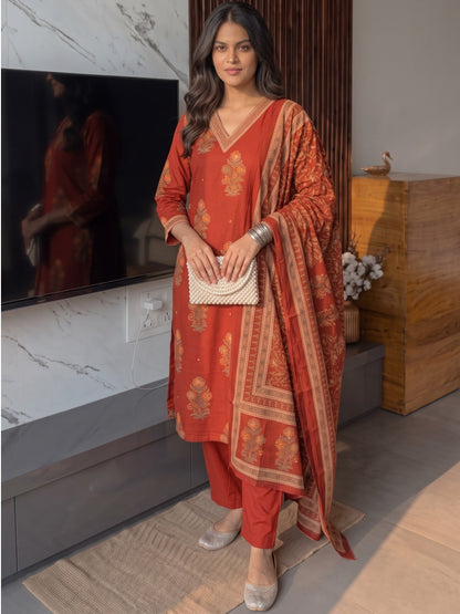 Poppi Russet Cotton Printed Suit Set