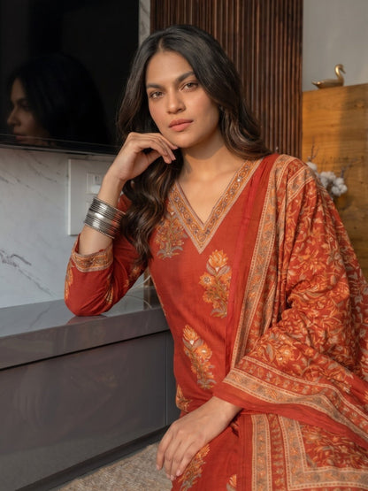 Poppi Russet Cotton Printed Suit Set