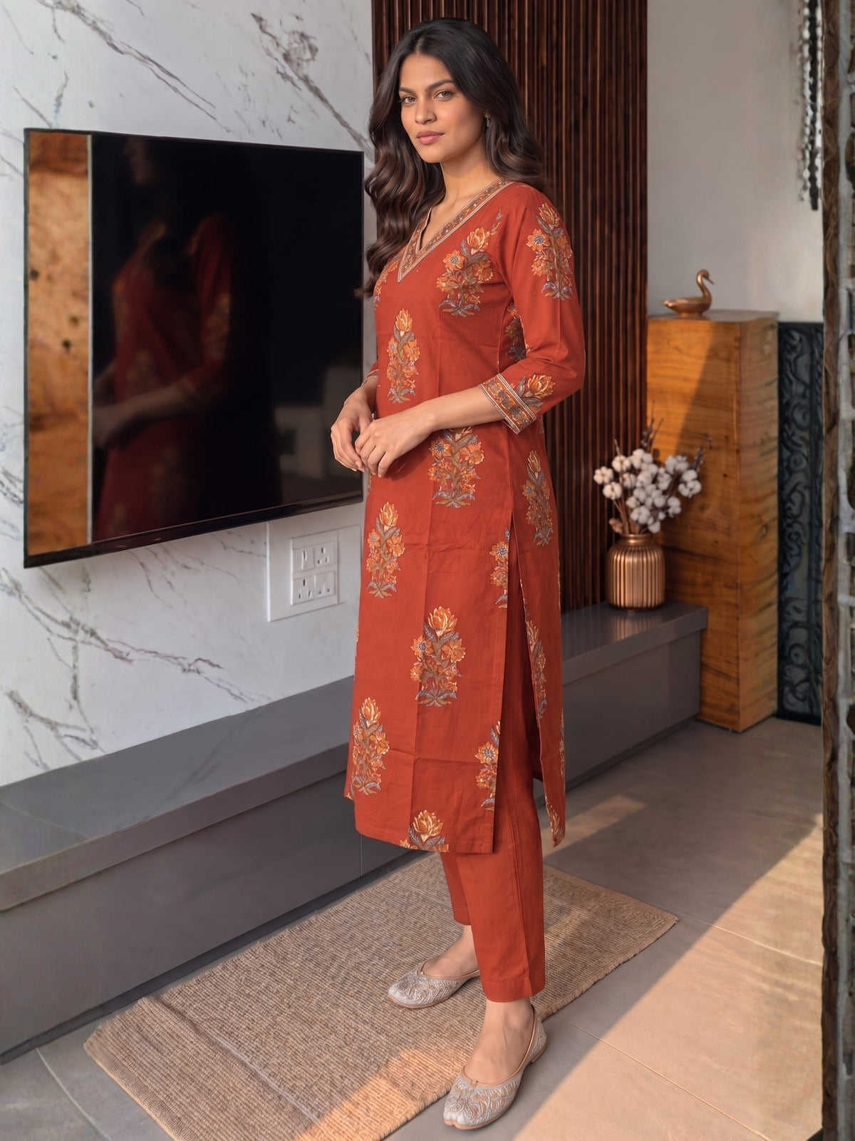 Poppi Russet Cotton Printed Suit Set