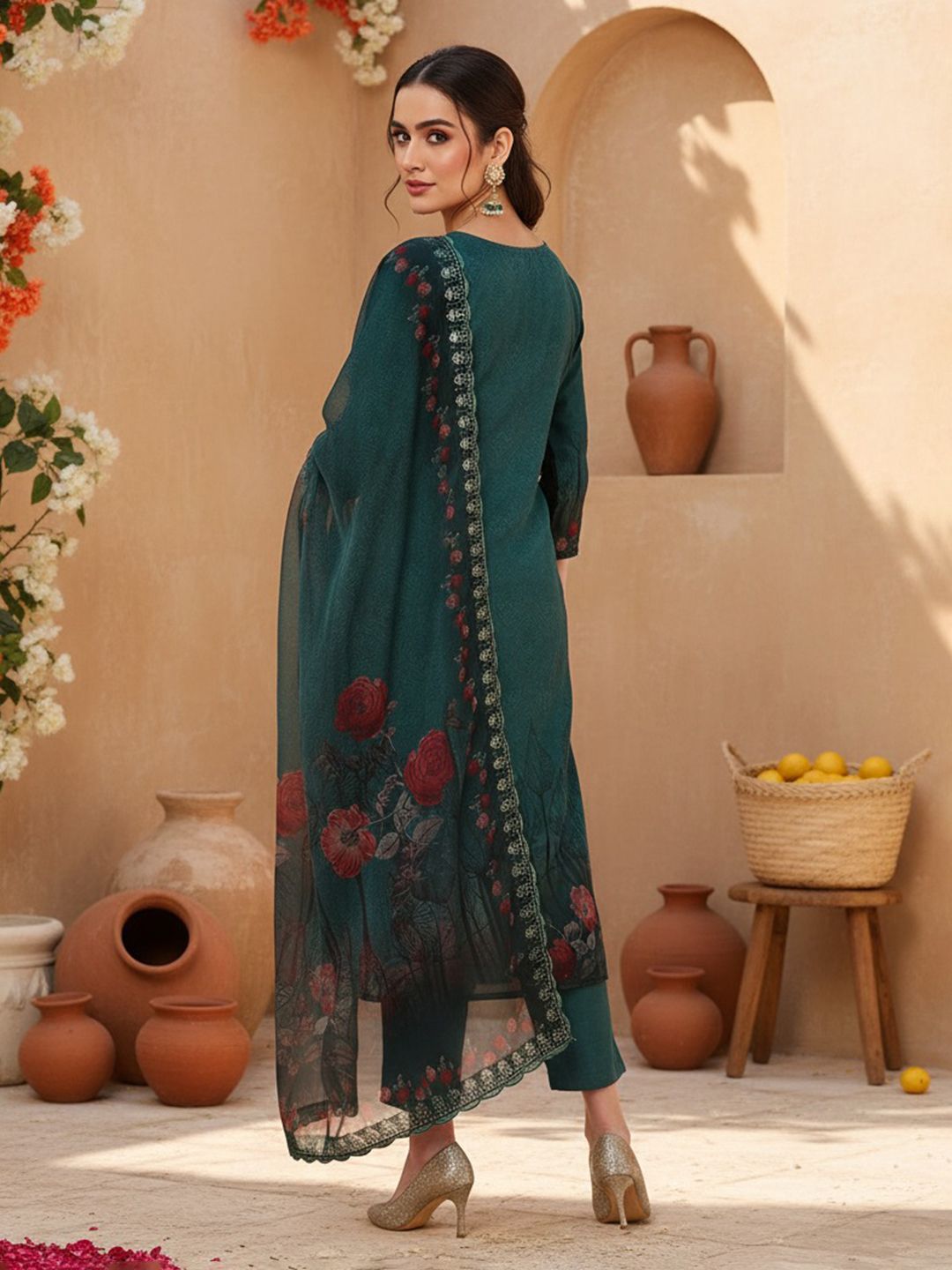 Dhiyona KL Ethnic Motifs Embroidered Regular Sequinned Kurta with Trousers & With Dupatta
