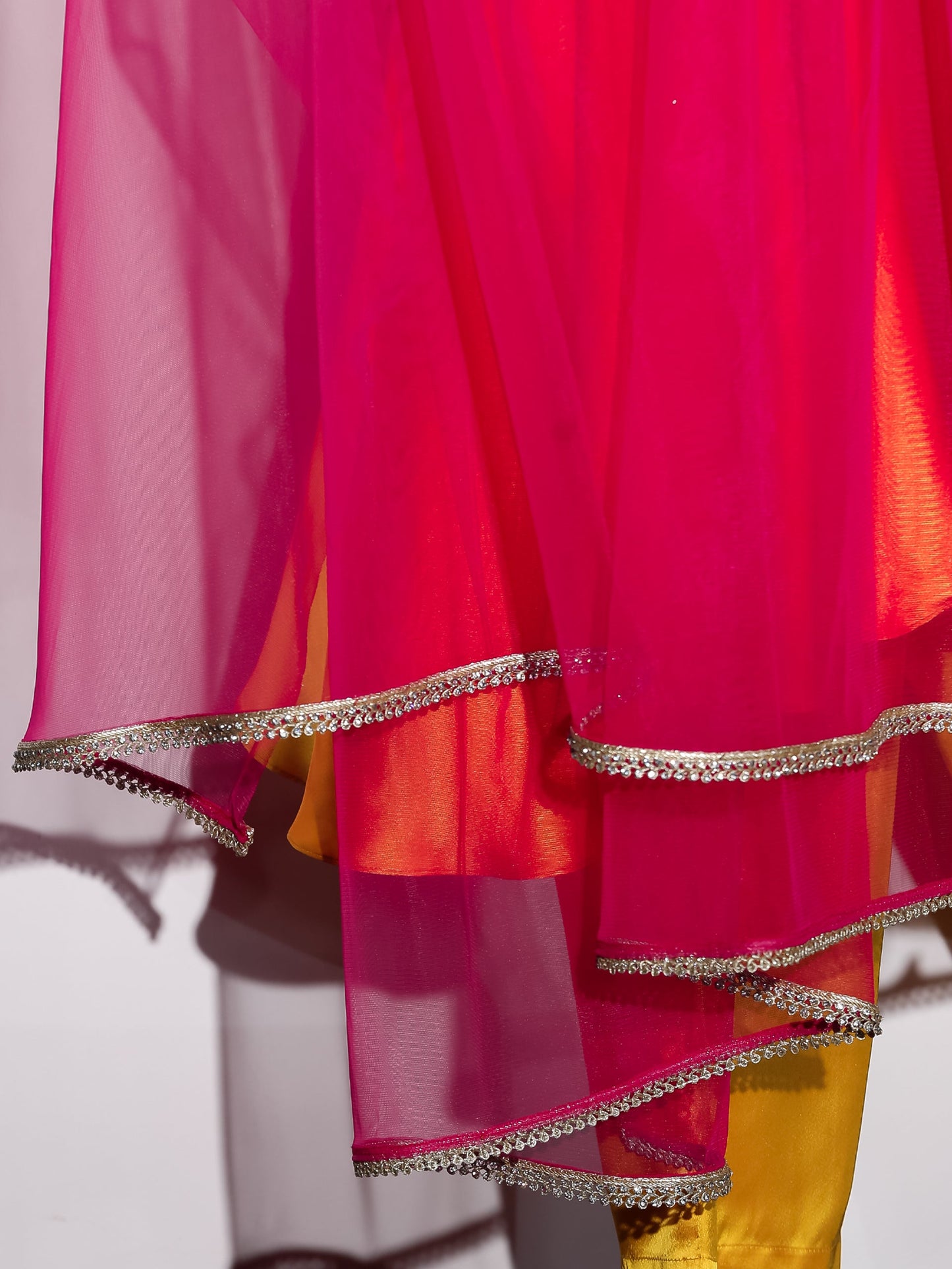Dhiyona ST Women's Yellow Satin Dress with Pants and Net Dupatta with Lace 3 Piece Set | A-Line, Round Neck, Sleeveless, Pants, Partywear, (Satin)
